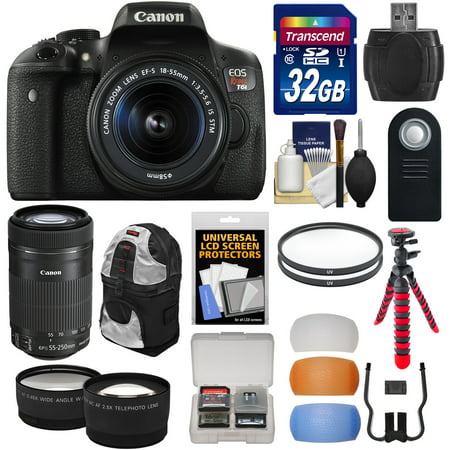 Canon EOS Rebel T6i Wi-Fi Digital SLR Camera & EF-S 18-55mm & 55-250mm IS STM Lens with 32GB Card + Backpack + Tripod + Filters + Tele/Wide Lens Kit
