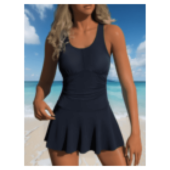 Women's Swimsuit Navy Blue Ruched Tummy Control - Skirted One Piece Bathing Suit for Beach, Pool, Spa, Vacation - Modest Swimwear with Built-in Shorts