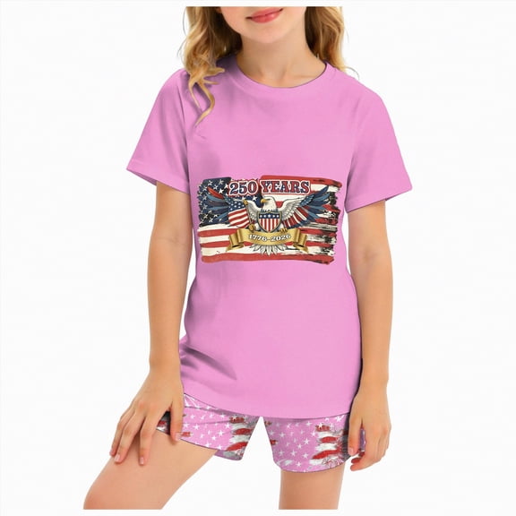 mgoYE American Flag Outfit Set Girls Boys 4th of July O-Neck Shorts Sleeve Patriotic Shorts Set Memorial Day Graphic Shorts Set Independence(Pink,3-4 Years)