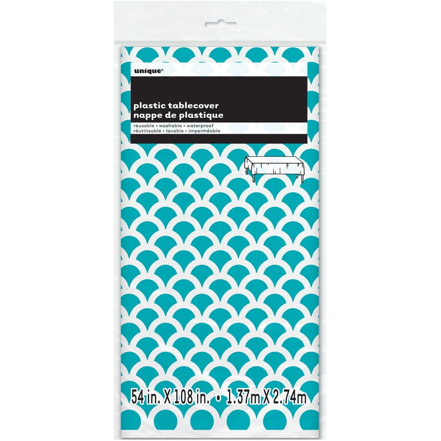 Plastic Teal Scallop Print Table Cover, 108" x 54" by Unique Industries
