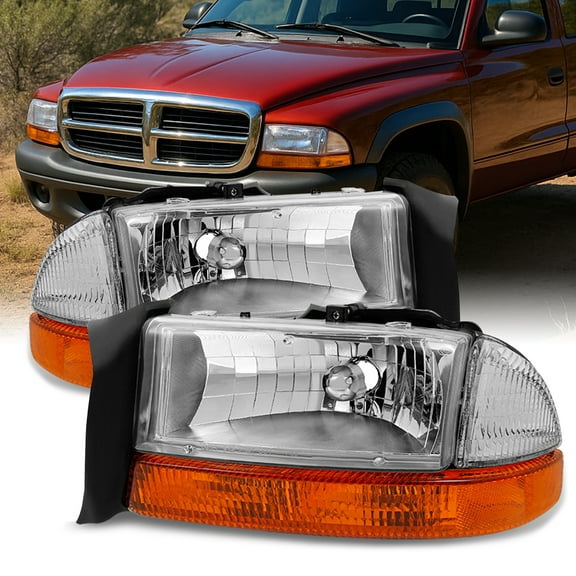 AKKON - Fits 1997-2004 Dodge Dakota | 98-03 Durango Chrome Driver Left   Passenger Right Side Headlights  Signal Lamp Pair Set