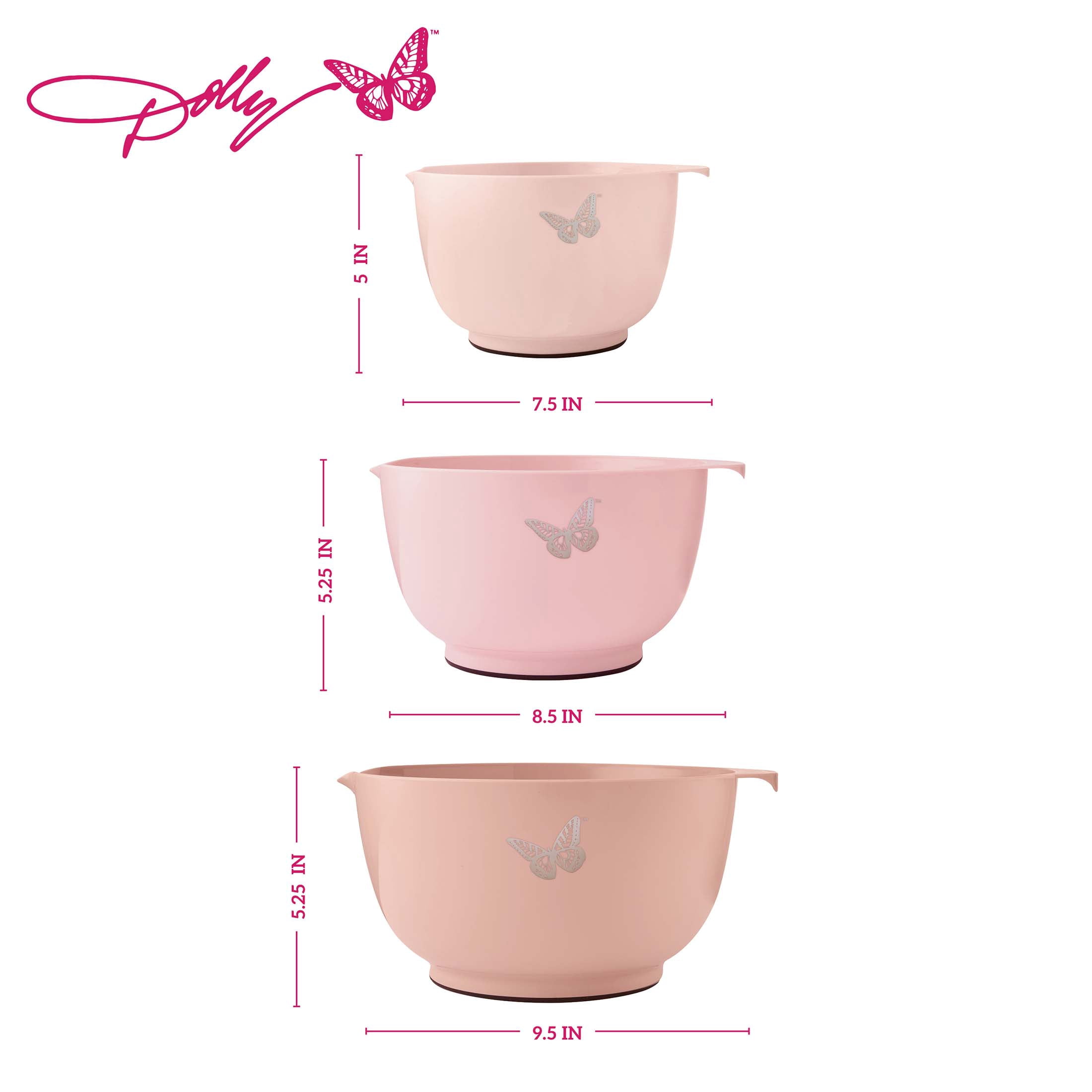 Dolly Parton Plastic Mixing Bowls with Mess-Free Spout, Blush
