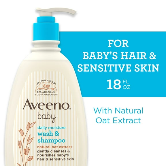 Aveeno Baby Daily Moisture Bath Body Wash & Shampoo, Liquid Soap, Oat Extract, 18 fl oz