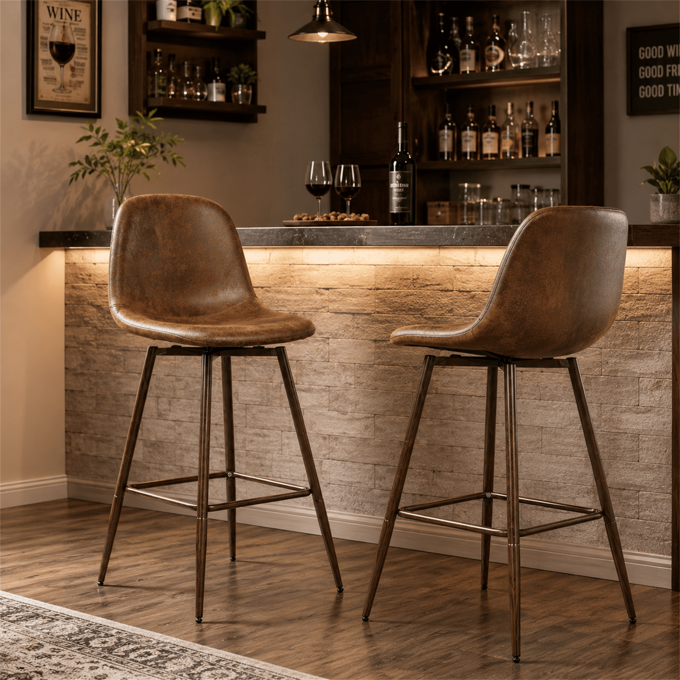 Homy Casa 26" Swivel Counter Height Bar Stools Set of 2 with Faux Suede Seat for Kitchen Island Brown