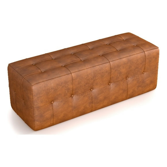 Pemberly Row Mid-Century Design Rectangular Genuine Leather Bench in Tan