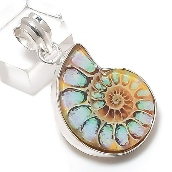 Natural Ammonite Fossil Gemstone 925 Sterling Silver Jewelry Pendant 1.58"