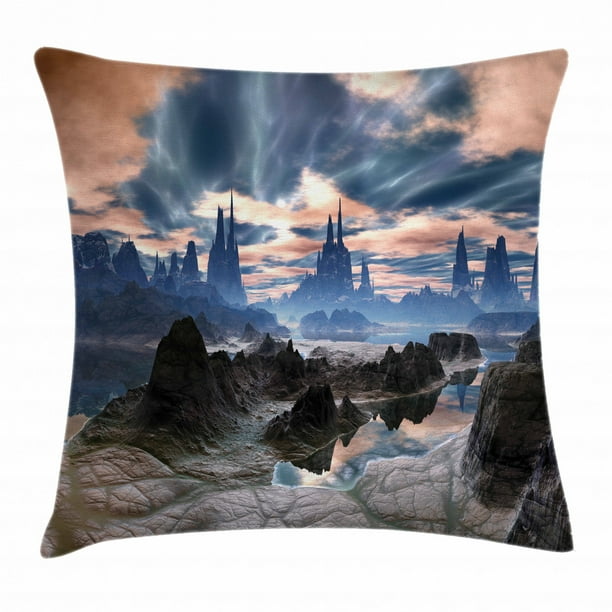 Fantasy Throw Pillow Cushion Cover Stormy Apocalypse Sky With Clouds Over Rock Towers On Alien World