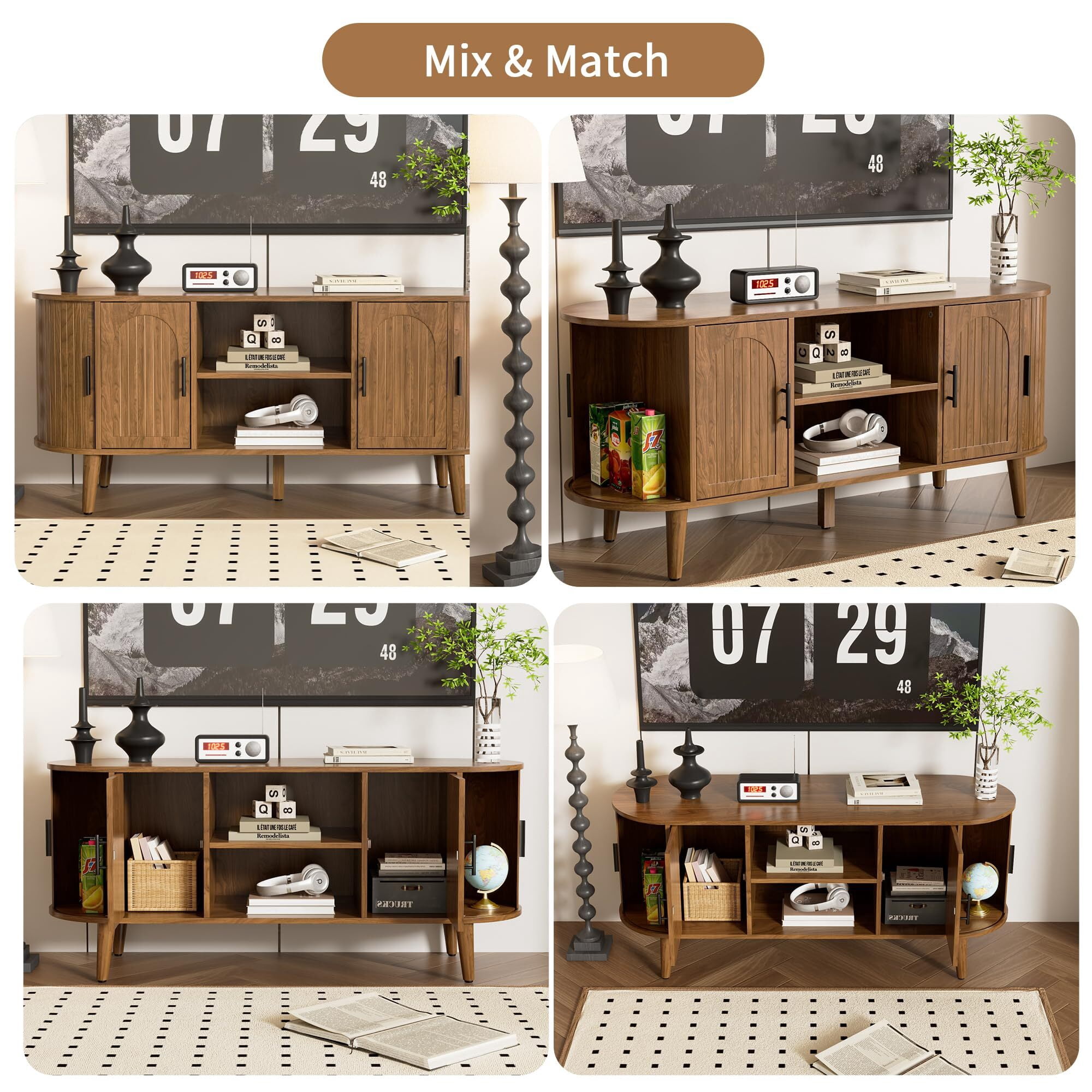 51" Fluted TV Stand, Mid-Century Entertainment Center for 60" TVs with Drawers & Sliding Doors, Curved Media Console