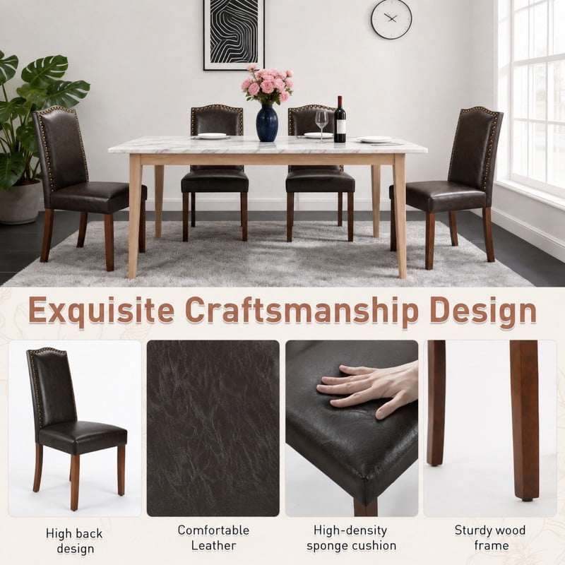 BEAUTYPEAK Dining Chairs Set of 2 Upholstered Parsons Chairs with Nailhead Trim Padded Leather Seats and Wood Legs, Brown