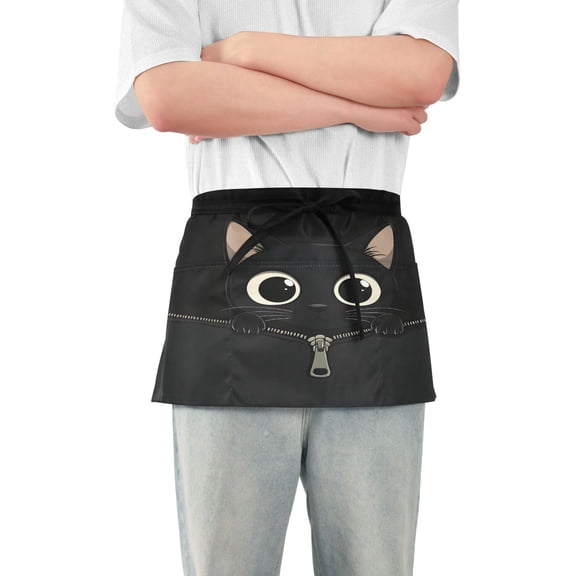 Yayeee Waist Apron with Pockets for Cooking Waterproof Half Server Aprons, Black Cat Zipper