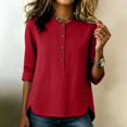 thumbnail image 5 of ClodeEU Women's Linen 3/4 Sleeve Crewneck Button Shirt with Side Slit,Solid Color Casual Summer Top Red,Women's Plus XXL, 5 of 9