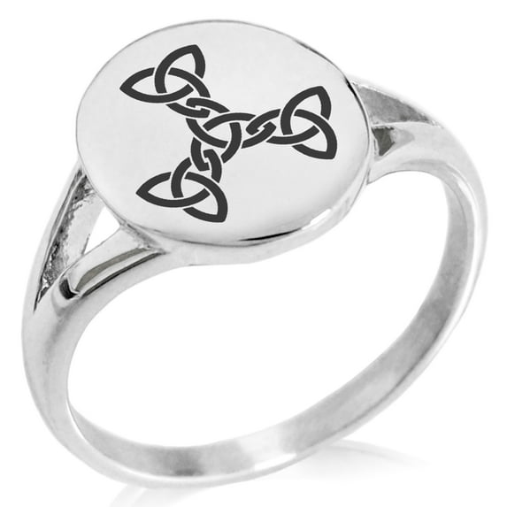 Stainless Steel Celtic Triquetra Interlaced Knot Minimalist Oval Top Polished Statement Signet Ring
