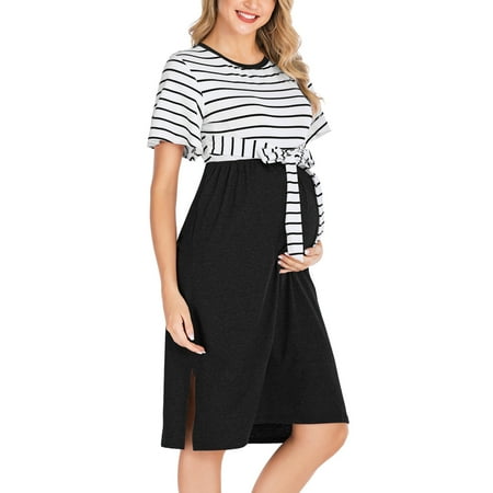 

asdoklhq Maternity Dresses for Women Plus Size Pregnant Women Clothes Round Neck Short-sleeved Striped Maternity Casual Dress