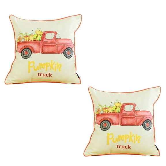 Decorative Fall Thanksgiving Throw Pillow Cover Set of 2 Red Pumpkin Truck 18 in. x 18 in. White & Red Square for Couch, Bedding
