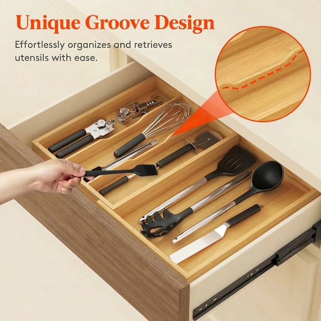 Luncia Expandable Bamboo Utensil Organizer Tray – Adjustable Cutlery & Flatware Holder for Kitchen Drawer, 11.9–21.7 x 15.75"