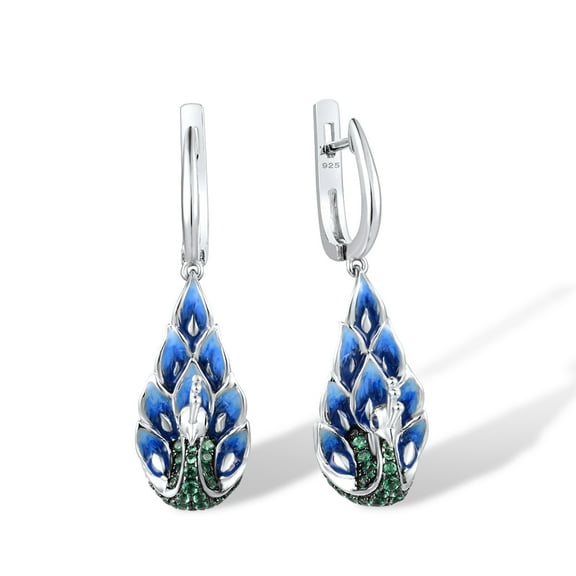 Santuzza 925 Sterling Silver Gemstone Peacock Dangle Earrings Blue Nano Cubic Zirconia Enamel Peahen Drop Earrings for Women
