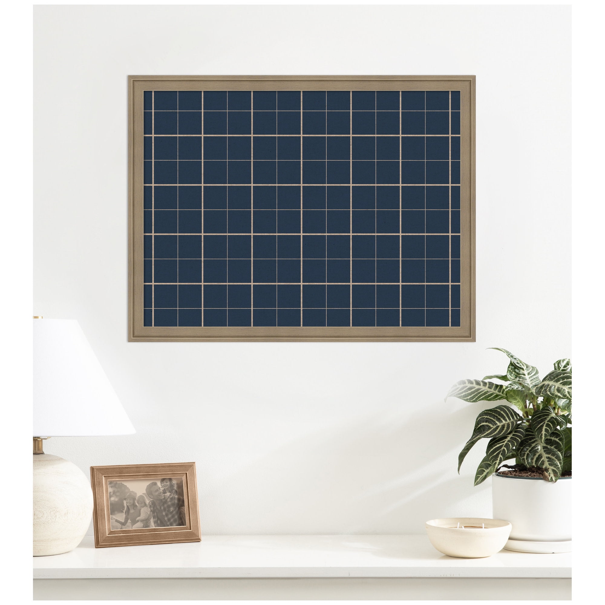 Kate and Laurel Framed Fabric Pinboard 26 x 20, Navy Blue Plaid Printed Linen Classic Bulletin Board for Use as a Vision Board or Wall Organization, Florence Light Brown Frame
