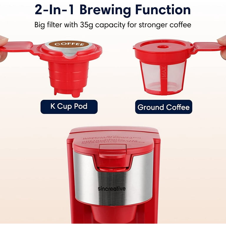 Sincreative 2 in 1 Single Serve Coffee Maker Machine w/ Milk Frother, Red 
