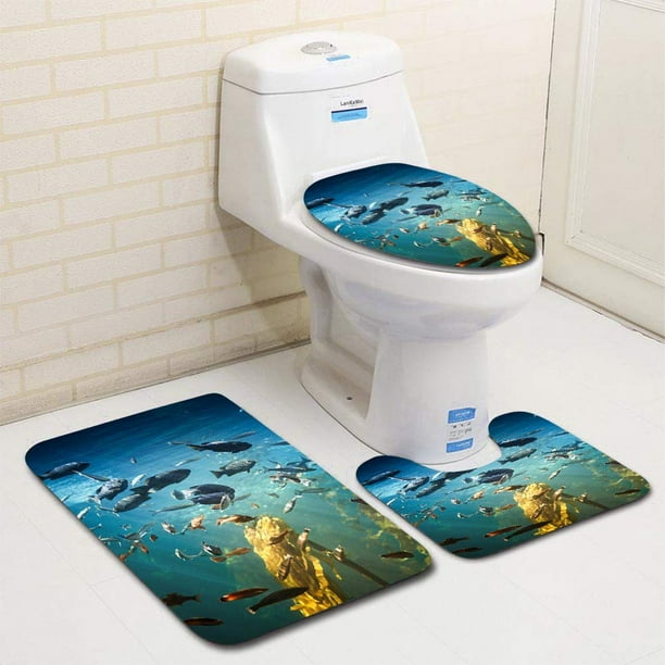 PUDMAD Sea Life Fish Underwater 3 Piece Bathroom Rugs Set Bath Rug Contour Mat and Toilet Lid