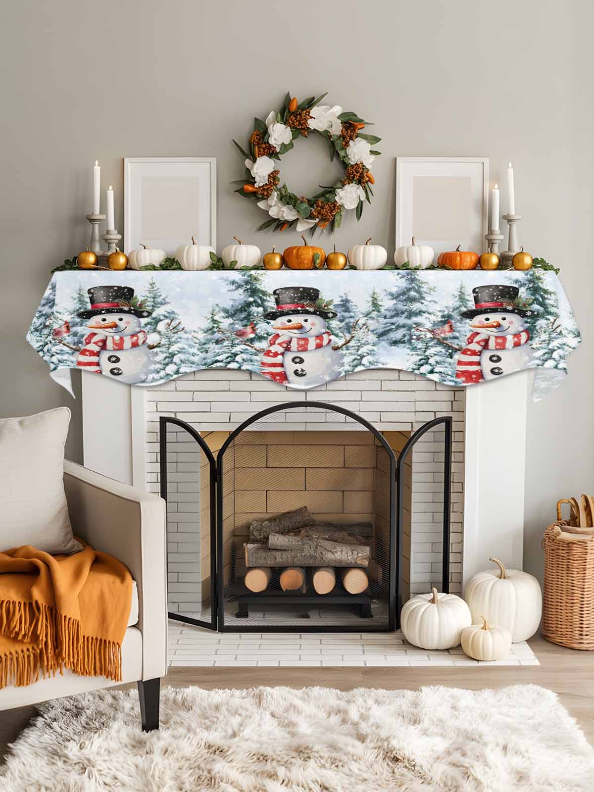 Christmas Red Snowman Fireplace Mantle Scarf Winter Snow Scene Pine Tree Forest Bird Mantel Cover Runner Fireplace Cloth for Holiday Party Home Living Room Decor 60 x 17 Inch