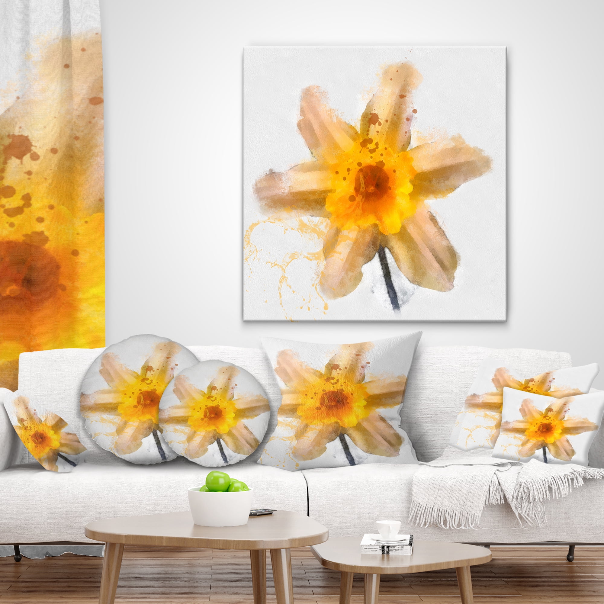 Designart Yellow Narcissus Sketch Watercolor - Floral Throw Pillow - 12x20