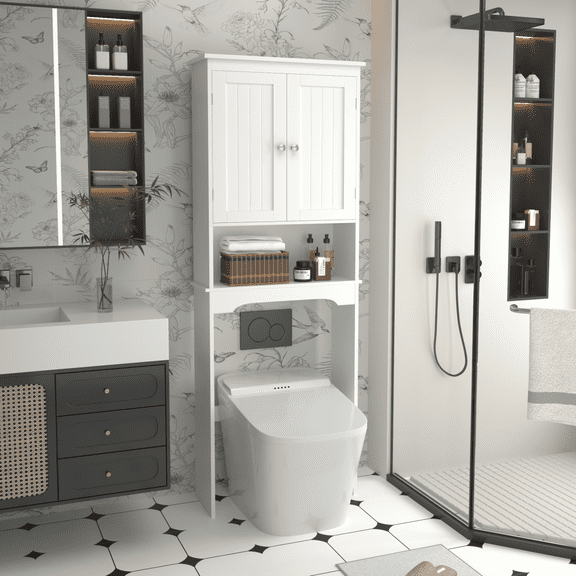 Over The Toilet Storage Cabinet, Bathroom Storage Cabinet Organizer with Anti-Tip Device, Wood Home Space-Saving Toilet Rack for Bathroom, Restroom, White