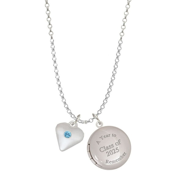Delight Jewelry Silver-tone Large March - Hot Blue Crystal Heart - Class of 2025 Year to Remember Locket Charm Necklace, 19 2" Extender
