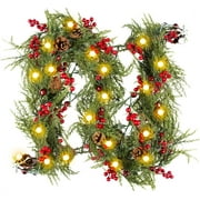 Qoosea 2 Pack 6.6 FT Pre-Decorated Christmas Garland with Pine Cones, Red Berries, Bells Battery Operated Fairy Light for Door Mantel Stairs Fireplace Indoor Outdoor