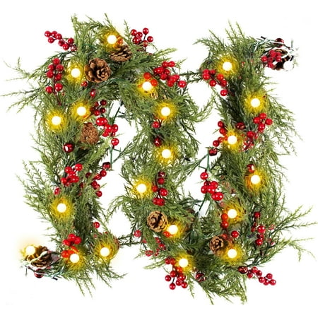Qoosea 2 Pack 6.6 FT Pre-Decorated Christmas Garland with Pine Cones, Red Berries, Bells Battery Operated Fairy Light for Door Mantel Stairs Fireplace Indoor Outdoor
