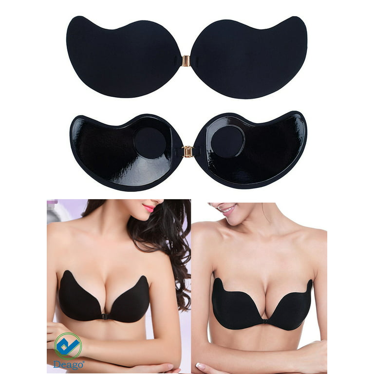 Deago Women's Push Up Strapless Bra Reusable Invisible Silicone Backless  Bras -B Cup Black