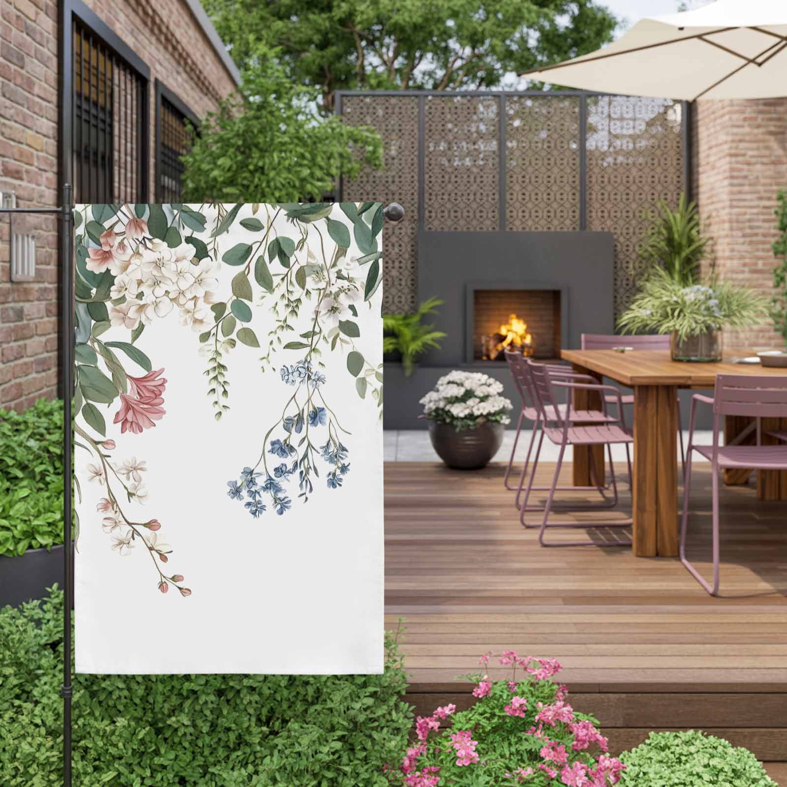 Spring Floral House Flags For Outdoor, Country Watercolor White Blue Red Flower Green Leaves Small Double Side Yard Flags Weather Proof House Decor for Lawn Outside Holiday 28 x 40 Inches