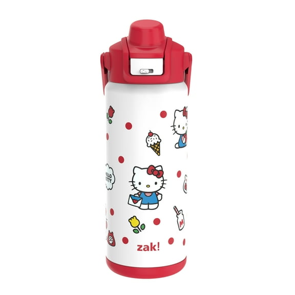 Zak Designs 20oz Hello Kitty Kids Straw Water Bottle, Stainless Steel Vacuum Insulated Liberty Bottle with Easy-Open Locking Spout Cover for Travel, Built in Carry Handle