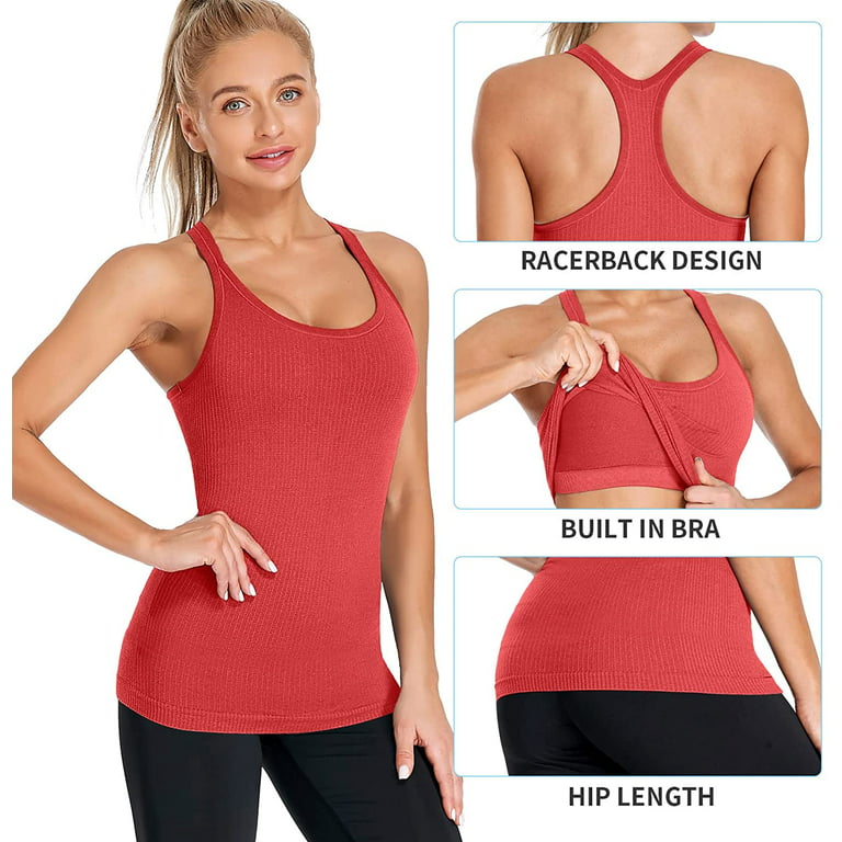 Women's Ribbed Workout Tank Tops with Built in Bra Racerback Athletic Top