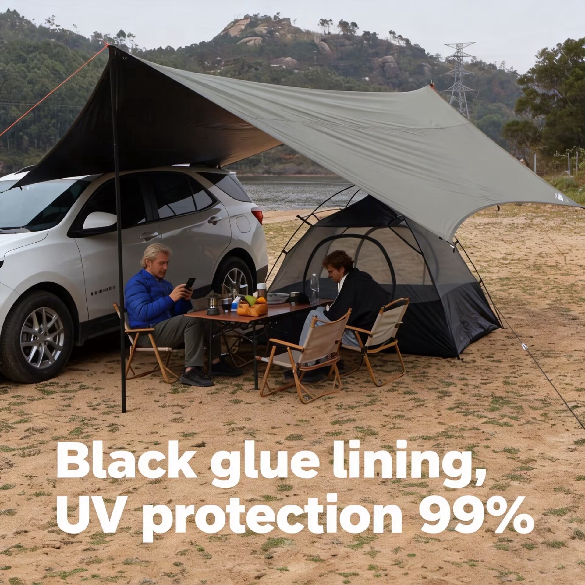 16.4x14.7ft Camping Tarp with Black Vinyl Coating, PU10000 Waterproof Sunshade Canopy, Portable Large Shelter with 7.8ft Steel Poles for Camping, Hiking, Picnic, Festival & Outdoor Activities