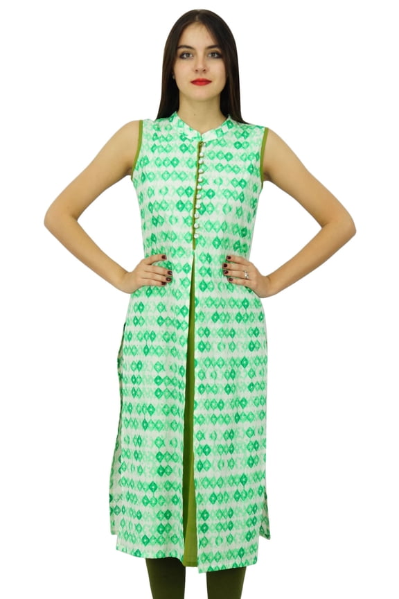 Womens Green Cotton Kurti Sleeveless Printed Kurta Tunic Blouse Clothing