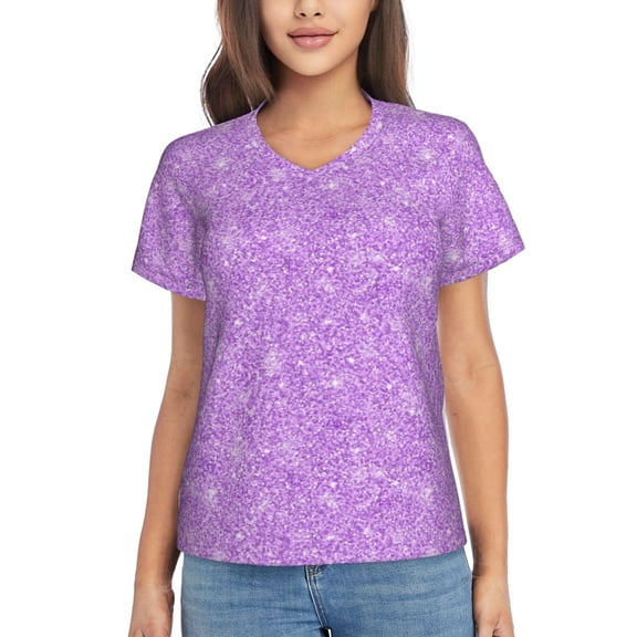 Vsdgher Lilac Glittering Women Shirts V Neck Short Sleeve Tops T-Shirt Basic Tees, S to 3XLSmall