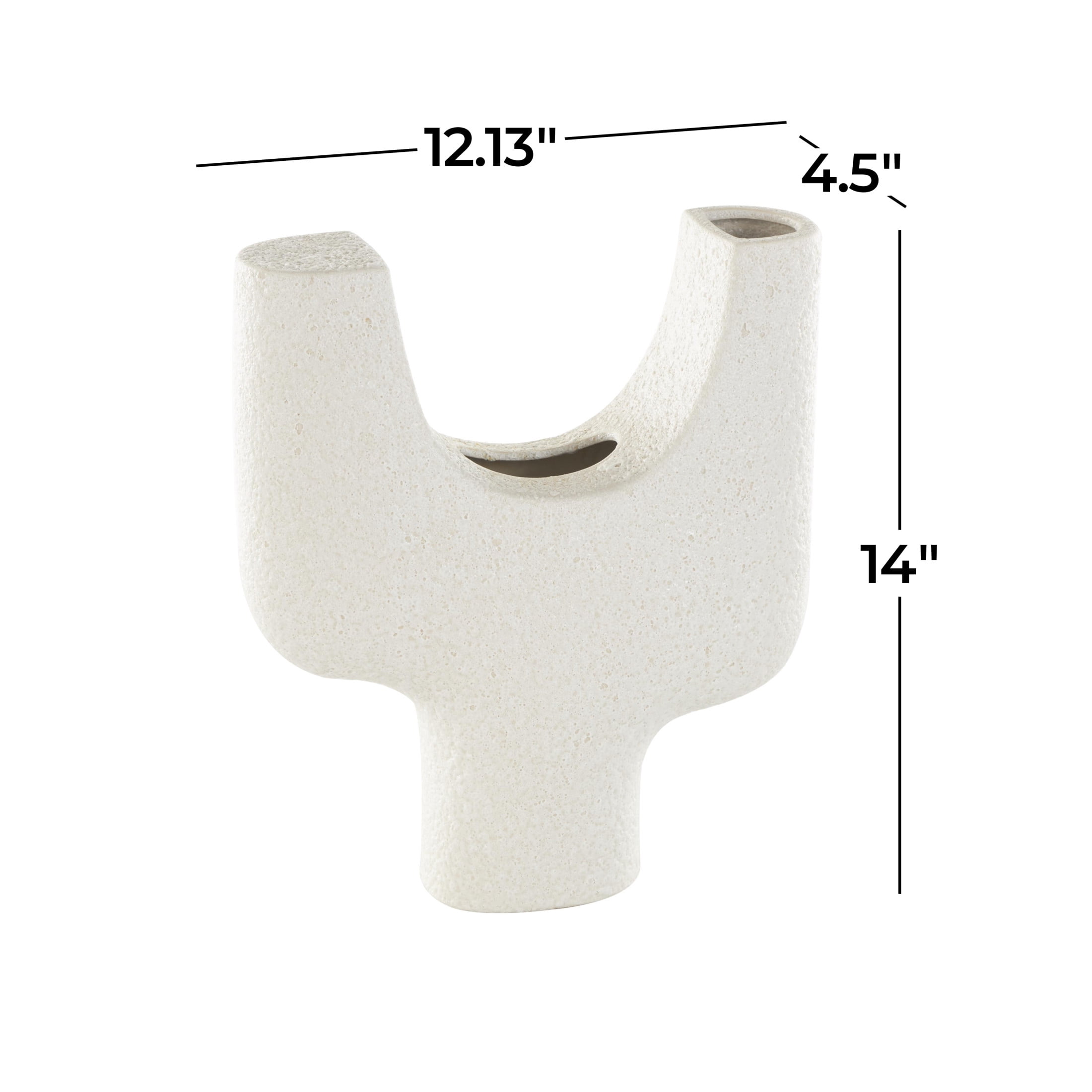 DecMode 14" Abstract Dual Opening U-Shaped White Ceramic Vase with Glossy Speckled Texture