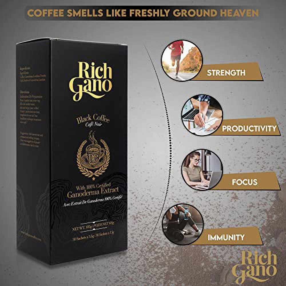 Mushroom Coffee – 30 Sachets Black Coffee With Ganoderma Extract – All Natural Vegan Friendly Coffee Packets – Zero Jitters Immune Support Ganoderma Coffee