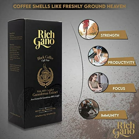 Rich Gano Mushroom Coffee – 60 Sachets Black Coffee with Ganoderma Extract – Non-GMO Vegan Friendly Instant Coffee Packets – Zero Jitters Immune Support Ganoderma Coffee