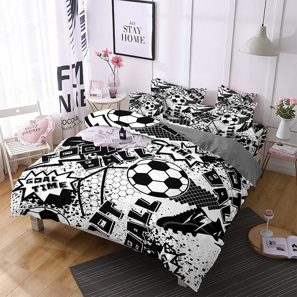 Sports Duvet Cover Set, Green Grass Field Soccer Playground with The