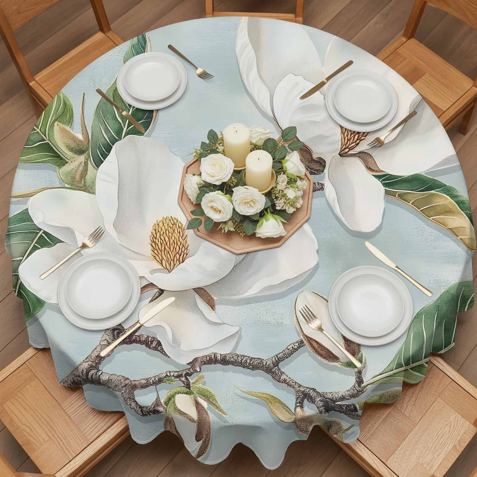 Round Tablecloth Farmhouse Rustic Magnolia Waterproof Oil Proof Polyester Table Cloth Cover Decor for Home Dining Outdoor,Patio,Parties, 60" Dia. White Green
