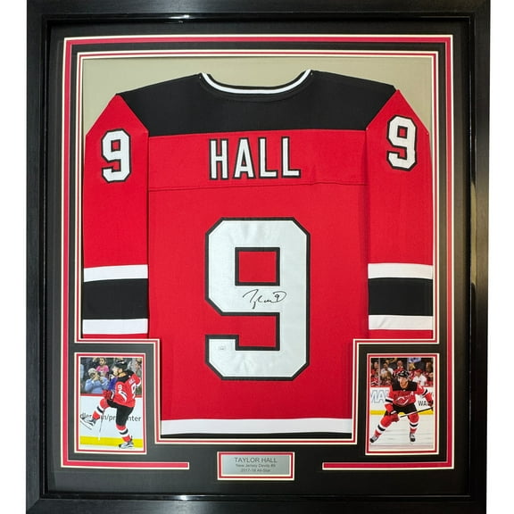 Framed Autographed/Signed Taylor Hall 35x39 New Jersey Red Hockey Jersey JSA COA