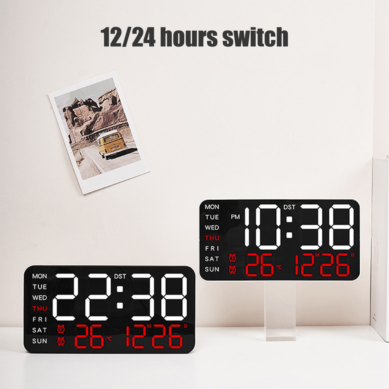 Large Digital Clock with Date and Day of Week - Electric Desk Clock, Bedroom Alarm Clock with Battery Backup, Dimmer, USB Port, Auto DST, Temperature, Adjustable Volume