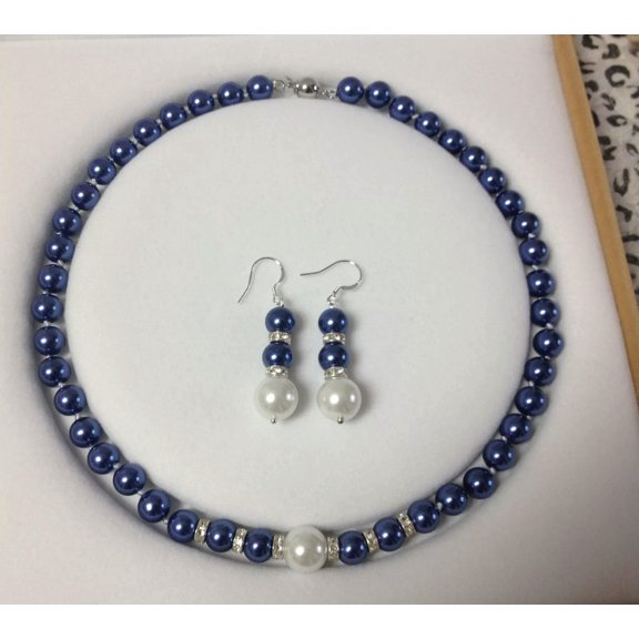 K-KED 8-12MM Blue/White South Sea Shell Pearl necklace earrings Delicate Jewelry set AAA Grade