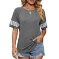 thumbnail image 1 of Camisa de manga corta para mujer, Top de cuello redondo con retazos a rayas a la moda para verano, 1 of 6