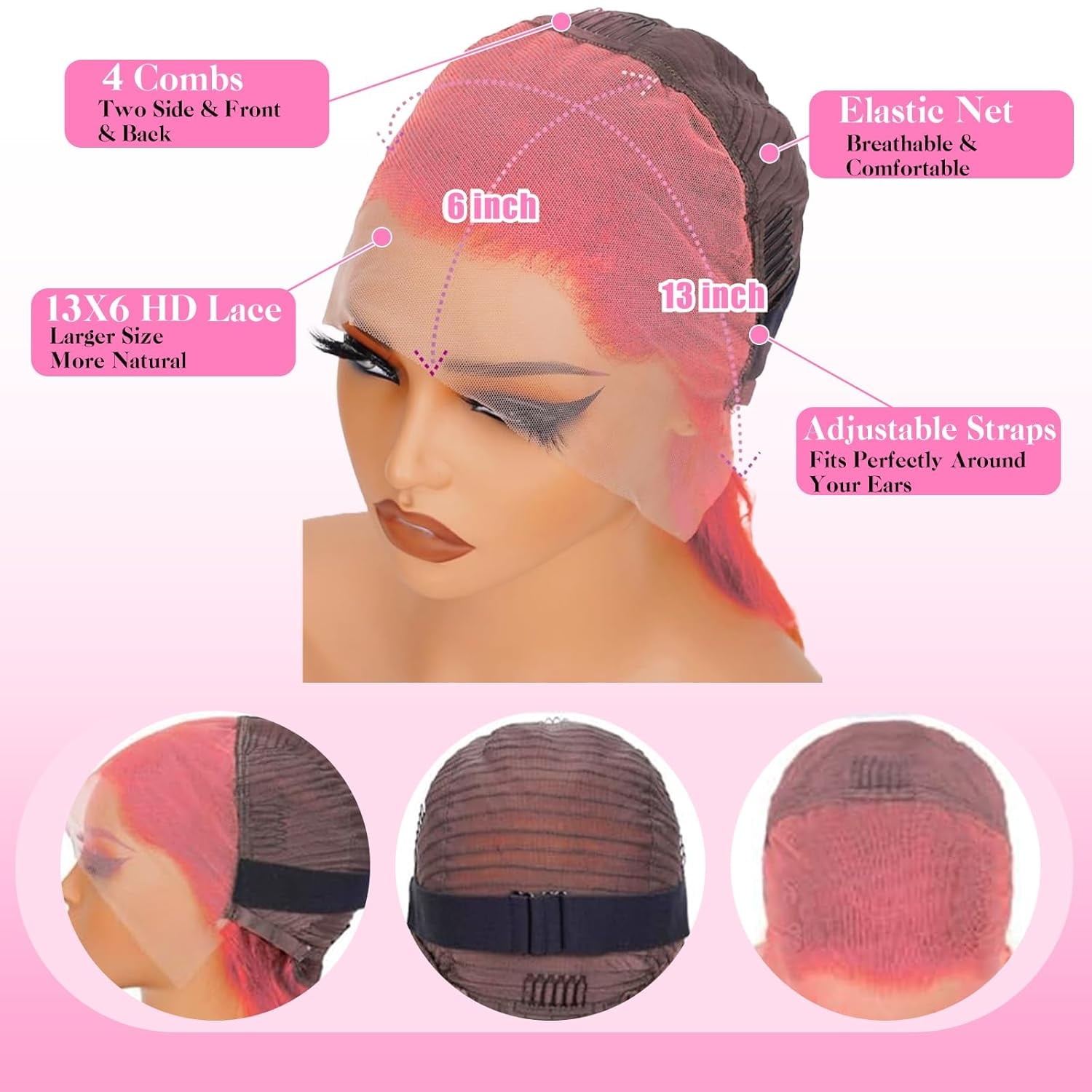 13*6 Inch HD Lace Closure 100% Human Hair Wig Body Wave Lace Front Wig 24" Pink Hair Heat Resistant Bleachable