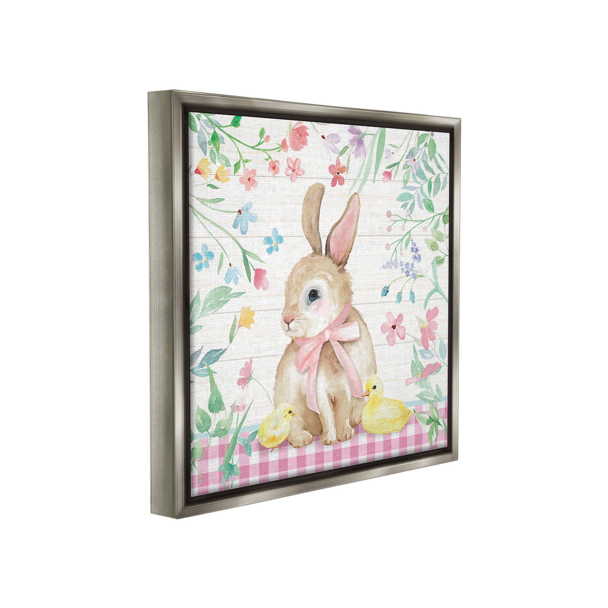 Stupell Industries Easter Bunny & Chicks Holiday Painting Gray Floater Framed Canvas Art Print Wall Art, 18 x 18