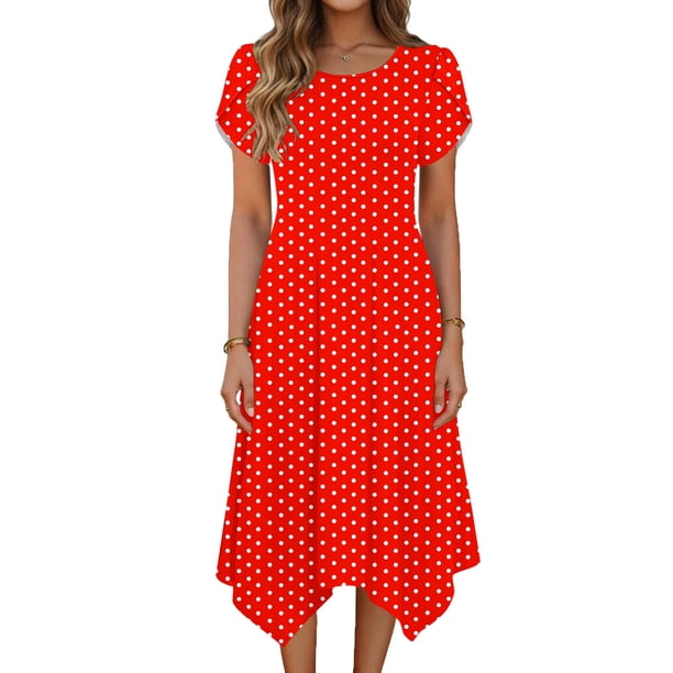 TaTaai Women's Polka Dot Flutter Sleeve Dress Short Sleeve Round Neck Midi Casual Dress with Irregular Hem Lightweight Stretchy Gift