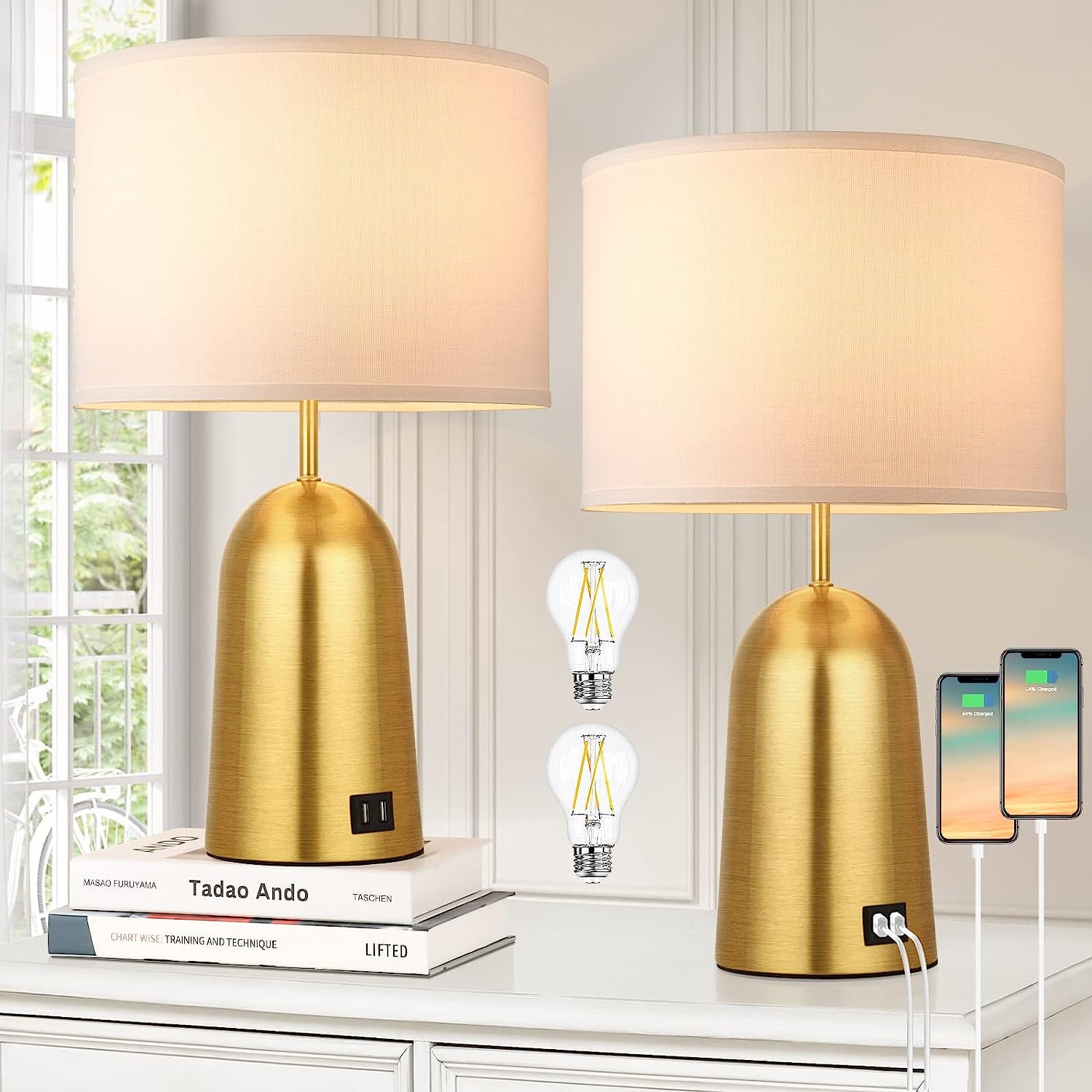 Set of 2 Touch Control Table Lamps, 3Way Dimmable Gold Bedside Lamps