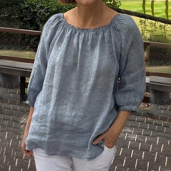 Plus Size Gauze Tops for Women 3/4 Sleeve Casual Ruched Loose Fit Pullover Cotton Linen Shirts S-5XL